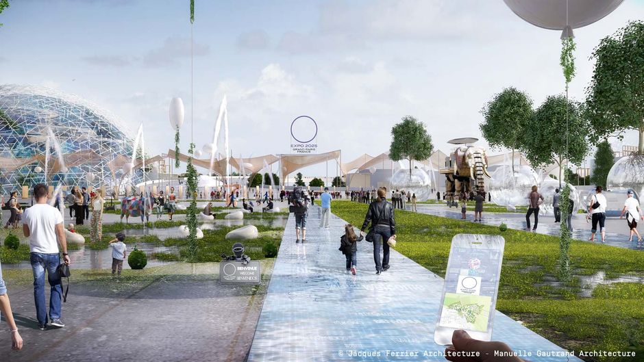 Image de synthèse présentant l'Esplanade d'accueil de l'Expo universelle - Agrandir l'image, .JPG 182Ko (fenêtre modale)