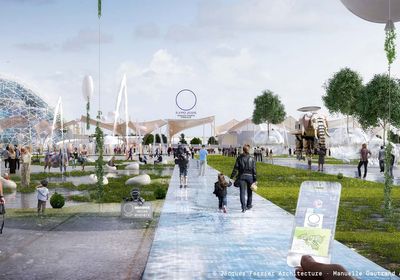 Image de synthèse présentant l'Esplanade d'accueil de l'Expo universelle