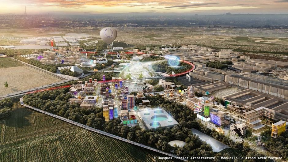 Image de synthèse présentant une vue aérienne du Village de l'Exposition universelle - Agrandir l'image, .JPG 237Ko (fenêtre modale)