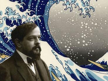 Visage de Claude Debussy superposé sur La Grande Vague de Kanagawa